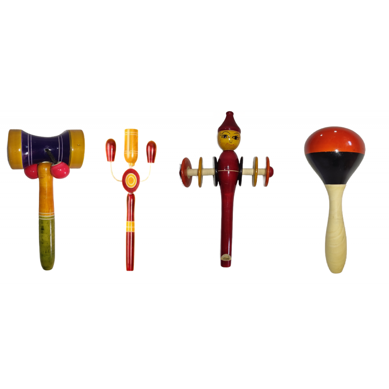 Funwood Games ROC TOC Rattle Damroo Rattle Rumba Shaker Rattle Whistle Man 2 in 1 Rattle Combo Set of 4